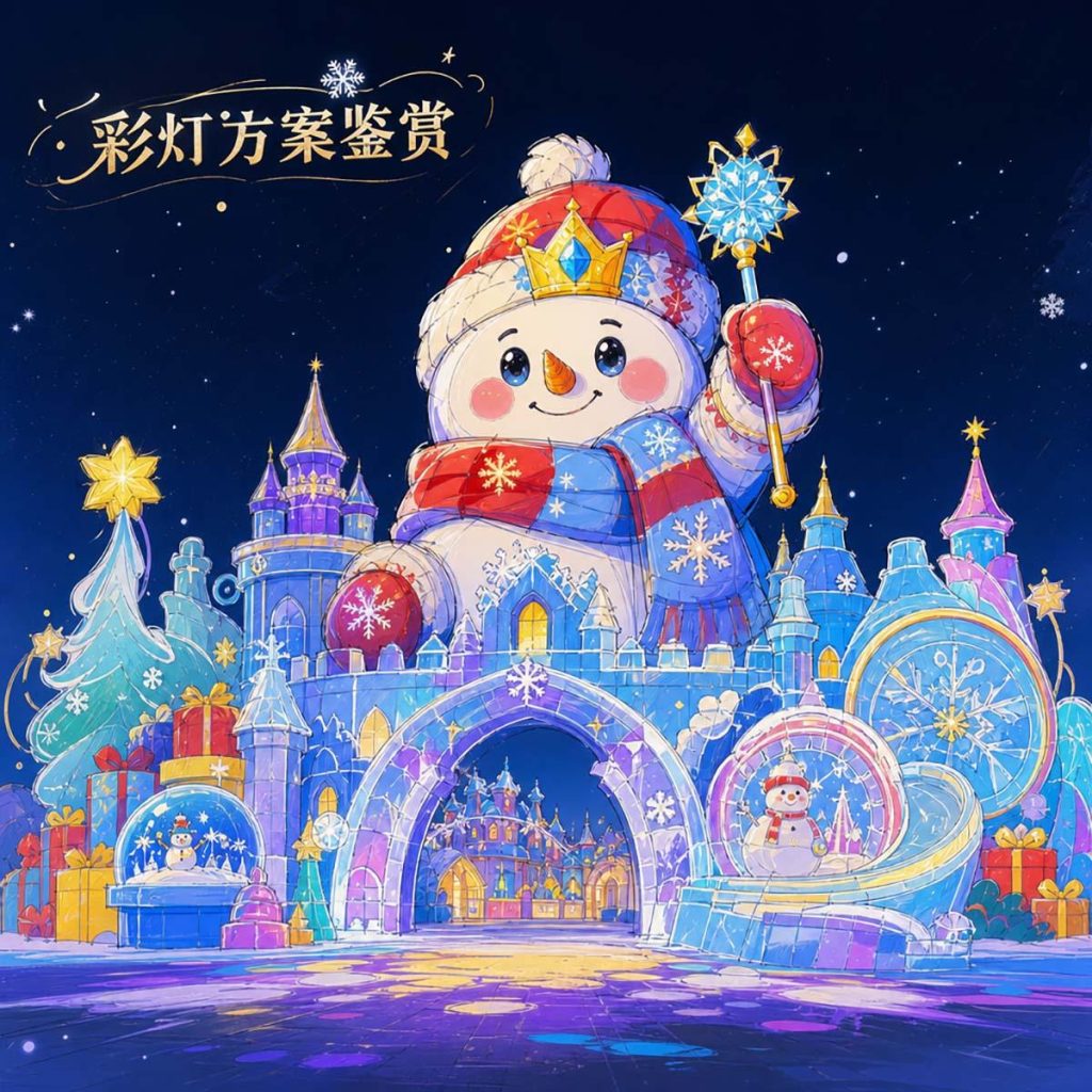 Christmas lantern snowman ice castle display — giant snowman king with crown, magic wand, gift boxes, and illuminated ice castle for winter festivals