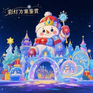 Christmas lantern snowman ice castle display — giant snowman king with crown, magic wand, gift boxes, and illuminated ice castle for winter festivals