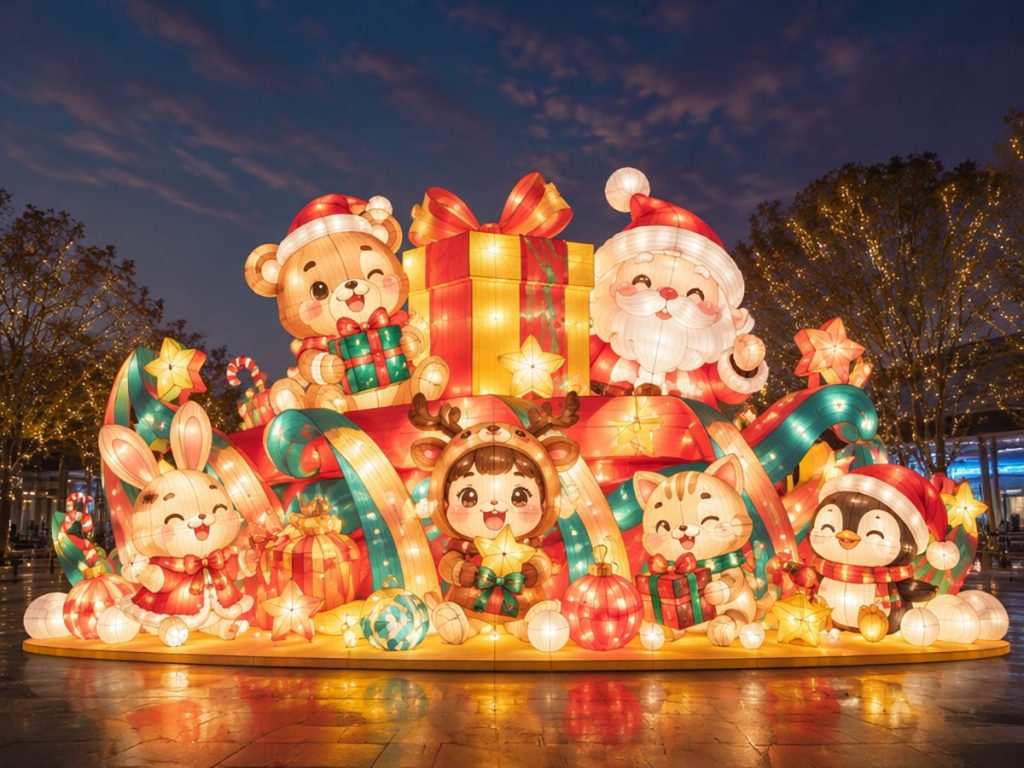 Adorable Christmas animal lanterns with Santa and gift boxes glowing at a holiday light festival