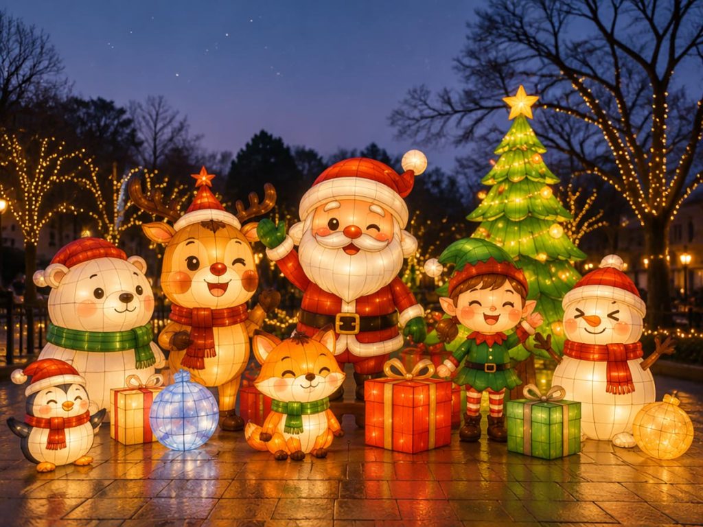 Classic Santa, Christmas tree, snowman and penguin lanterns at a Christmas light festival