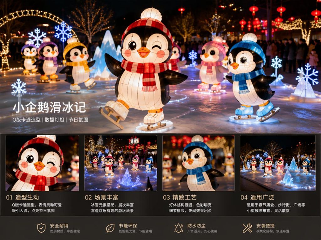 Cute penguin ice-skating lantern display adding winter charm to a Christmas light festival