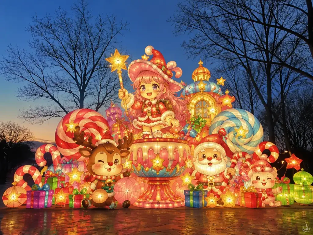 Christmas lighting show candy cane wonderland — giant lollipop candy canes with fairy tale candy castle, princess fairy, Santa and reindeer in twilight outdoor setting