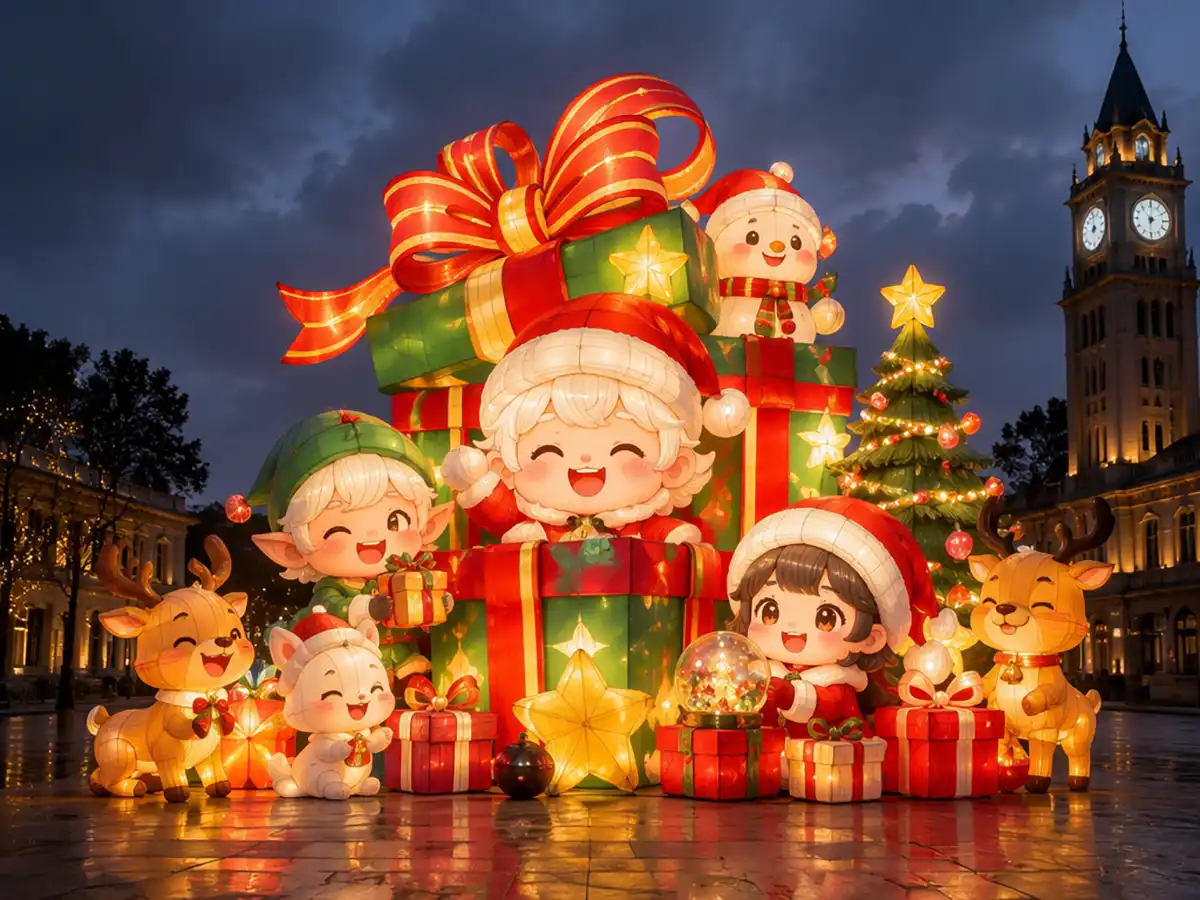 Gift box tower with elves and reindeer Christmas lantern display
