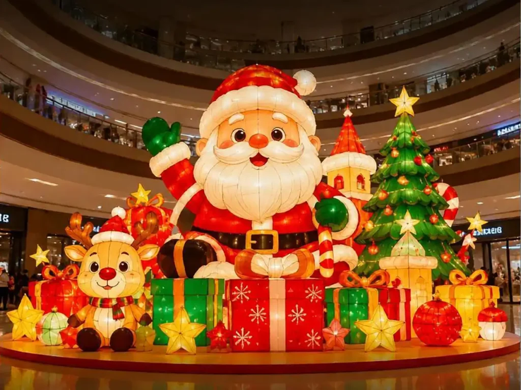 Christmas lighting show mall Santa display — giant illuminated Santa Claus, reindeer, Christmas tree, candy canes and gift boxes in shopping mall atrium
