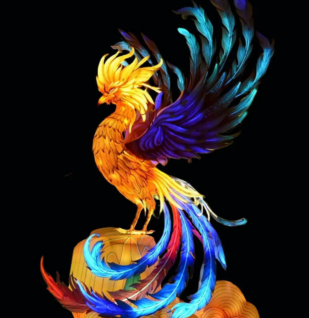 Colorful phoenix lantern with iridescent blue-orange-gold plumage standing on a sphere at nightmanufacturer