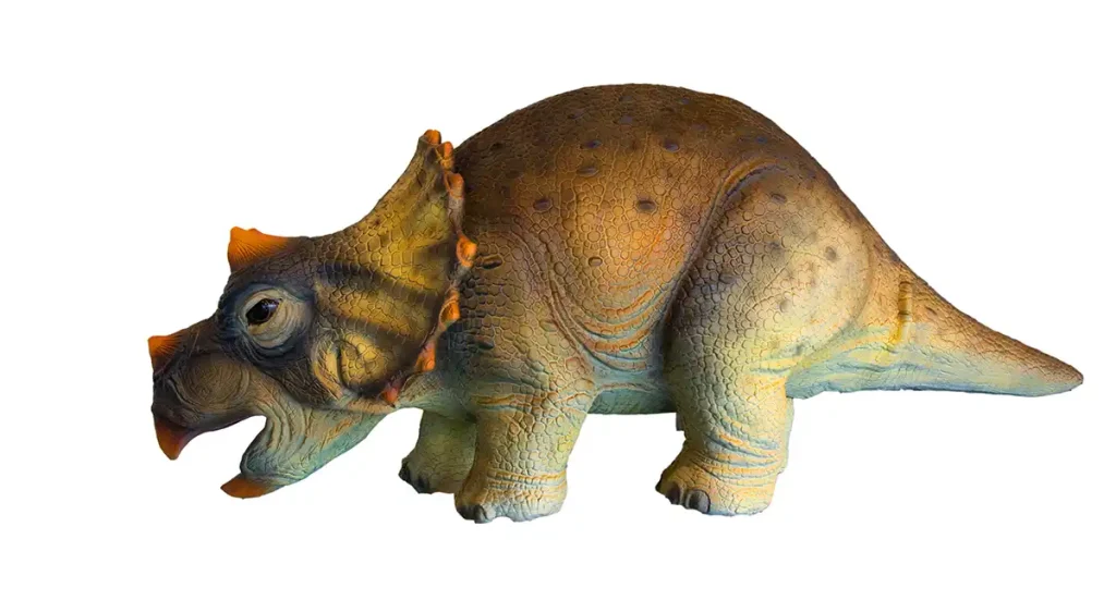 Side view of baby triceratops puppet showing anatomical frill and three rounded hornsmanufacturer