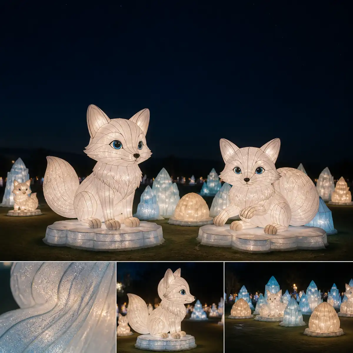 Custom animal lanterns winter festival night scene with illuminated arctic foxes and ice crystals at a zoo light festival