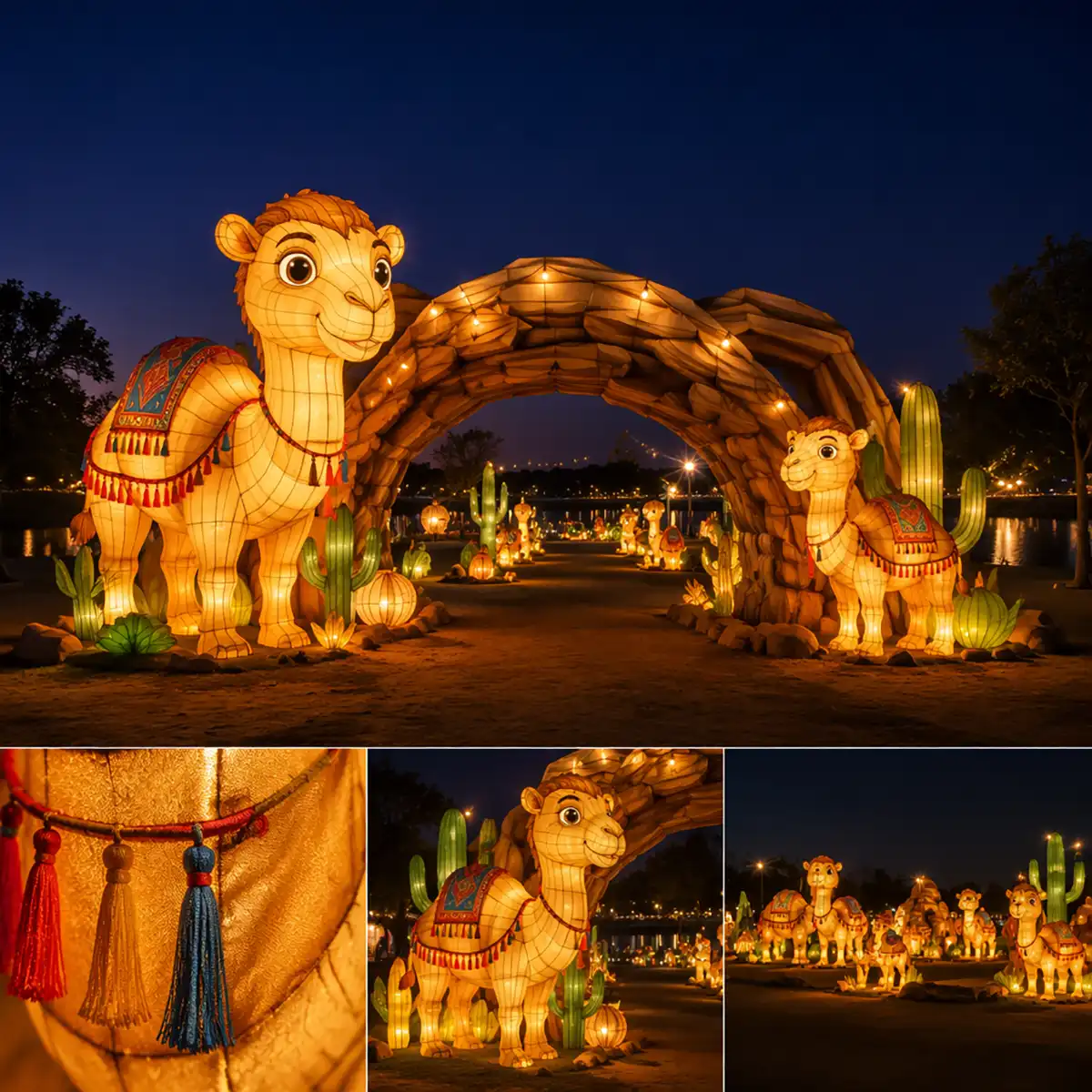 Custom walk-through animal lantern archway with illuminated camel caravan at a desert-themed night festival