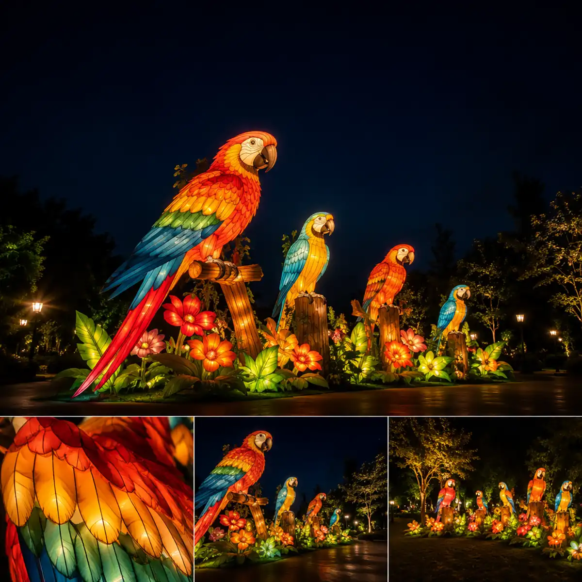 Custom animal lantern craftsmanship close-up showing hand-painted multi-coloured parrot feathers in vibrant red, yellow and blue silk