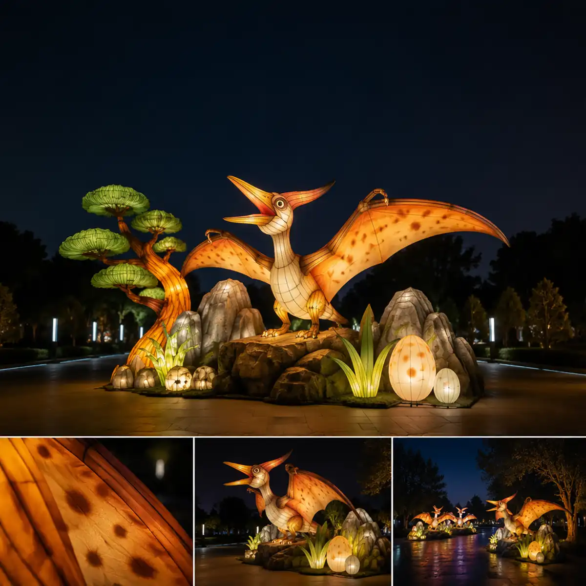 Custom prehistoric animal lantern display featuring a giant illuminated pterosaur sculpture with eggs, rocks and plants at a theme park night festival