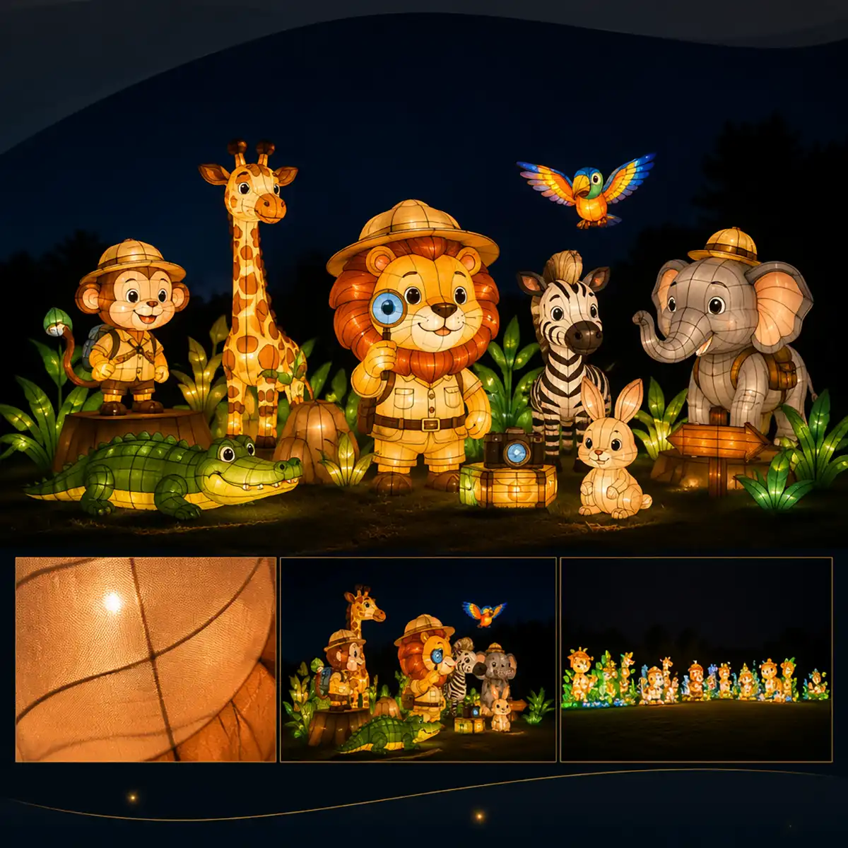 Custom animal lanterns featuring safari explorer-themed illuminated sculptures including lion, giraffe, zebra, elephant, monkey, parrot, crocodile and rabbit at a zoo light festival