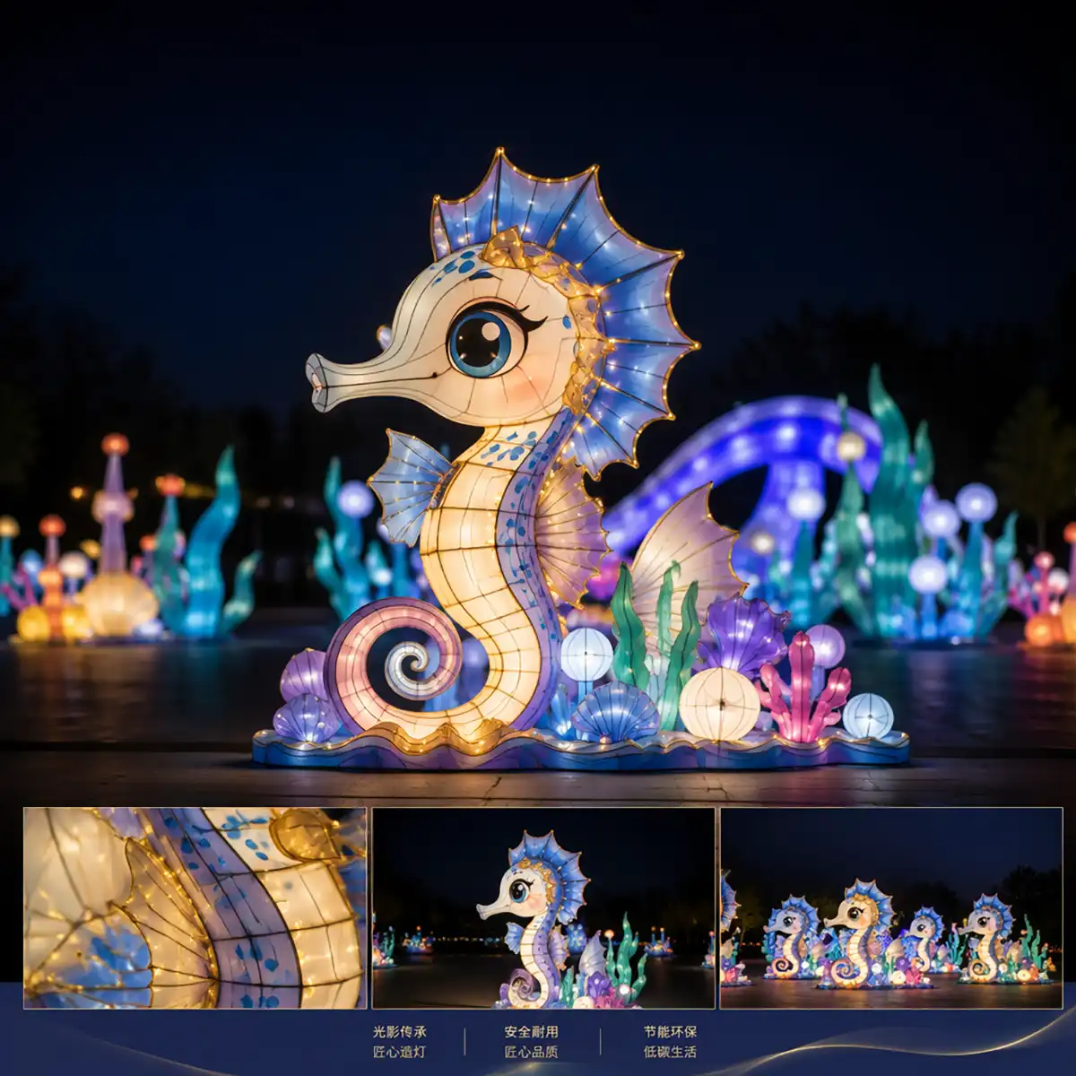 Custom aquatic animal lantern — illuminated seahorse sculpture with coral reef and sea plants at a night festival by the sea