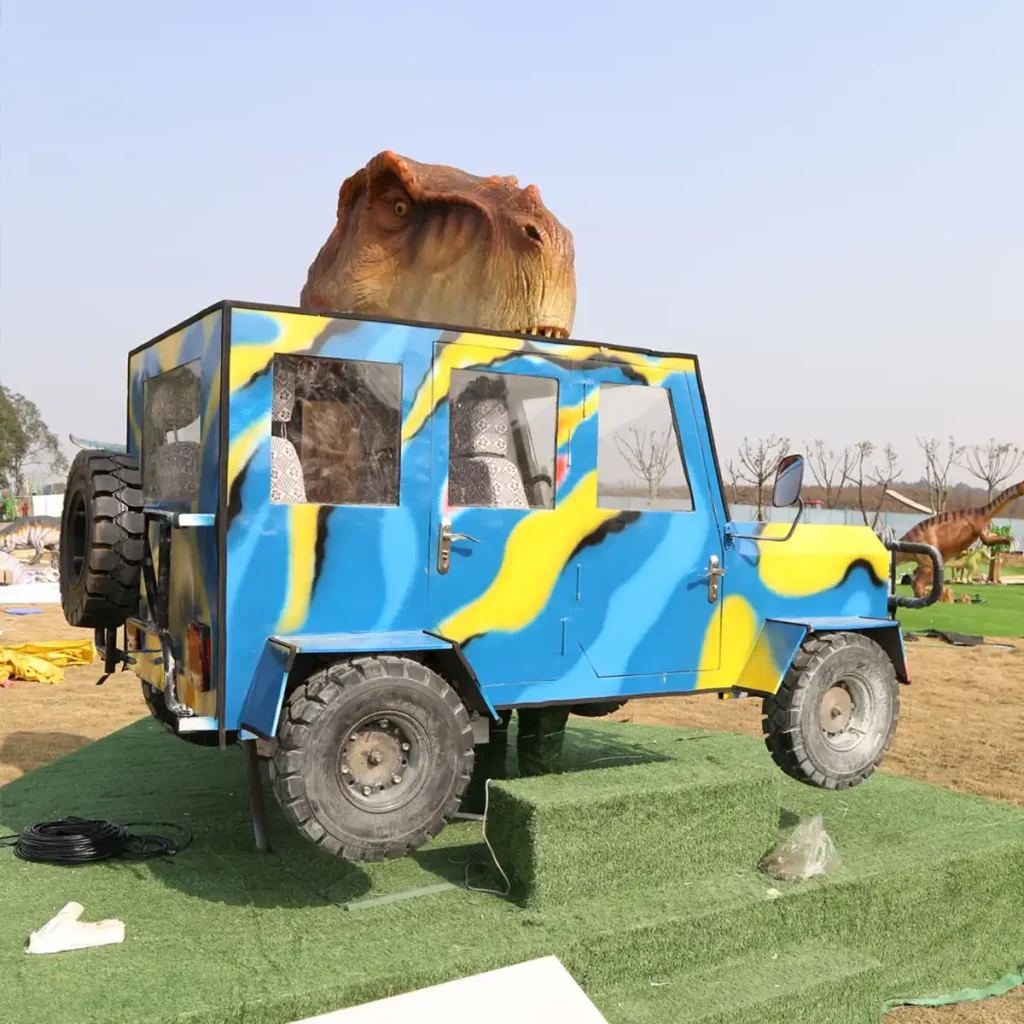 Interactive T-Rex Bites Car side view — full jeep cockpit with T-Rex head looming above at theme park