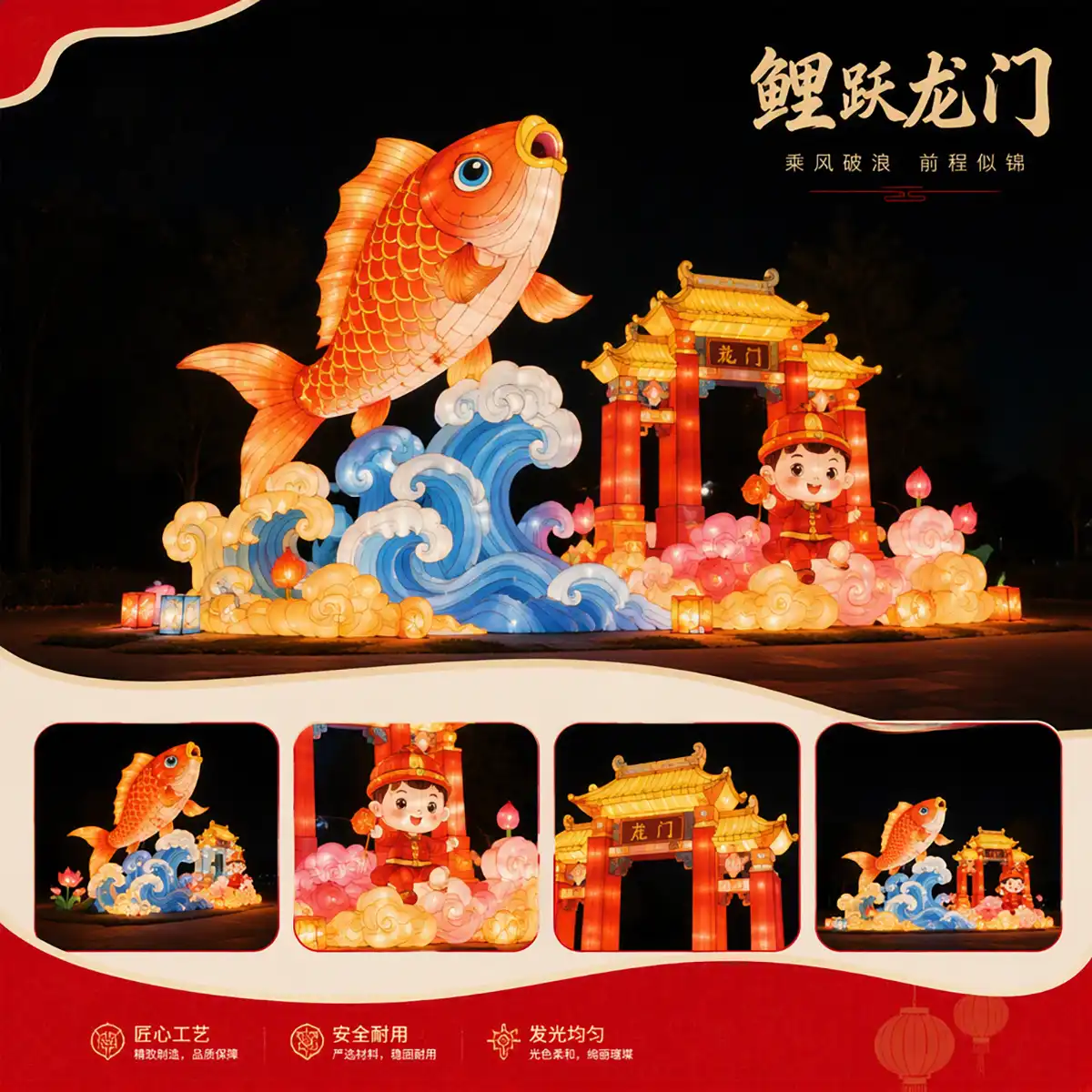 Custom lantern design process — koi-dragon-gate lantern built from the Chinese folk tale of the carp leaping the dragon gate