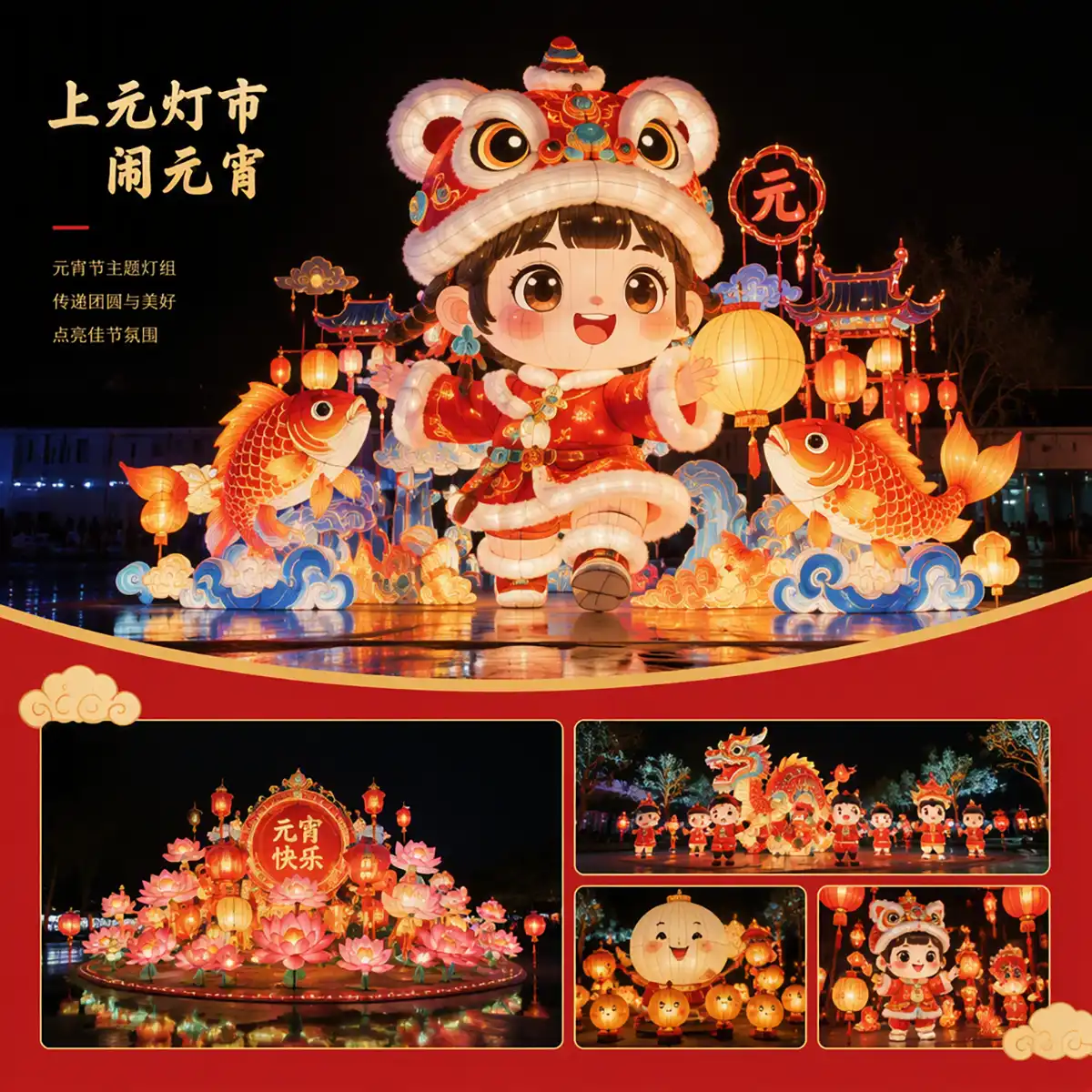 Custom lantern design process — Yuan Xiao festival lantern with a child figure in a tiger hat among lotus flowers