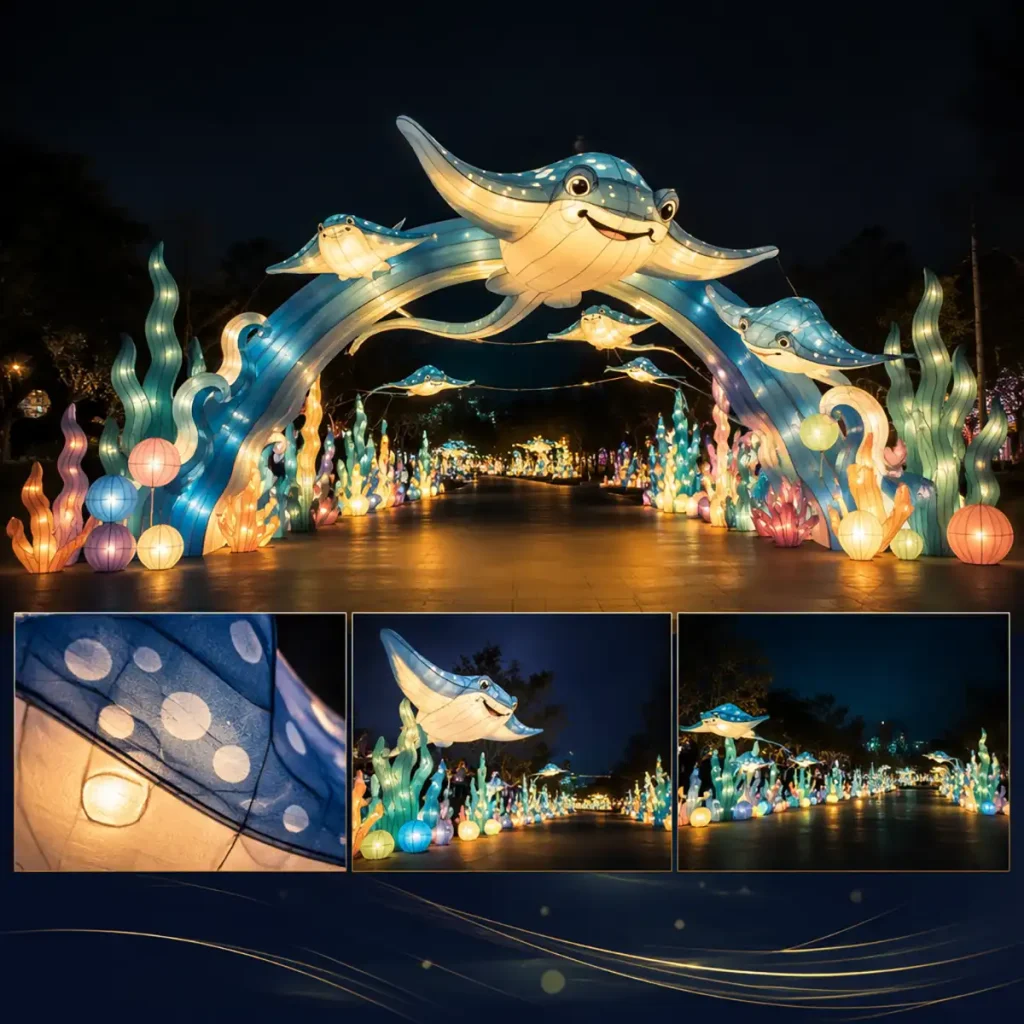 Ocean world lantern archway with two manta rays and a polka-dot whale suspended above a coral-pink reef walkway at night