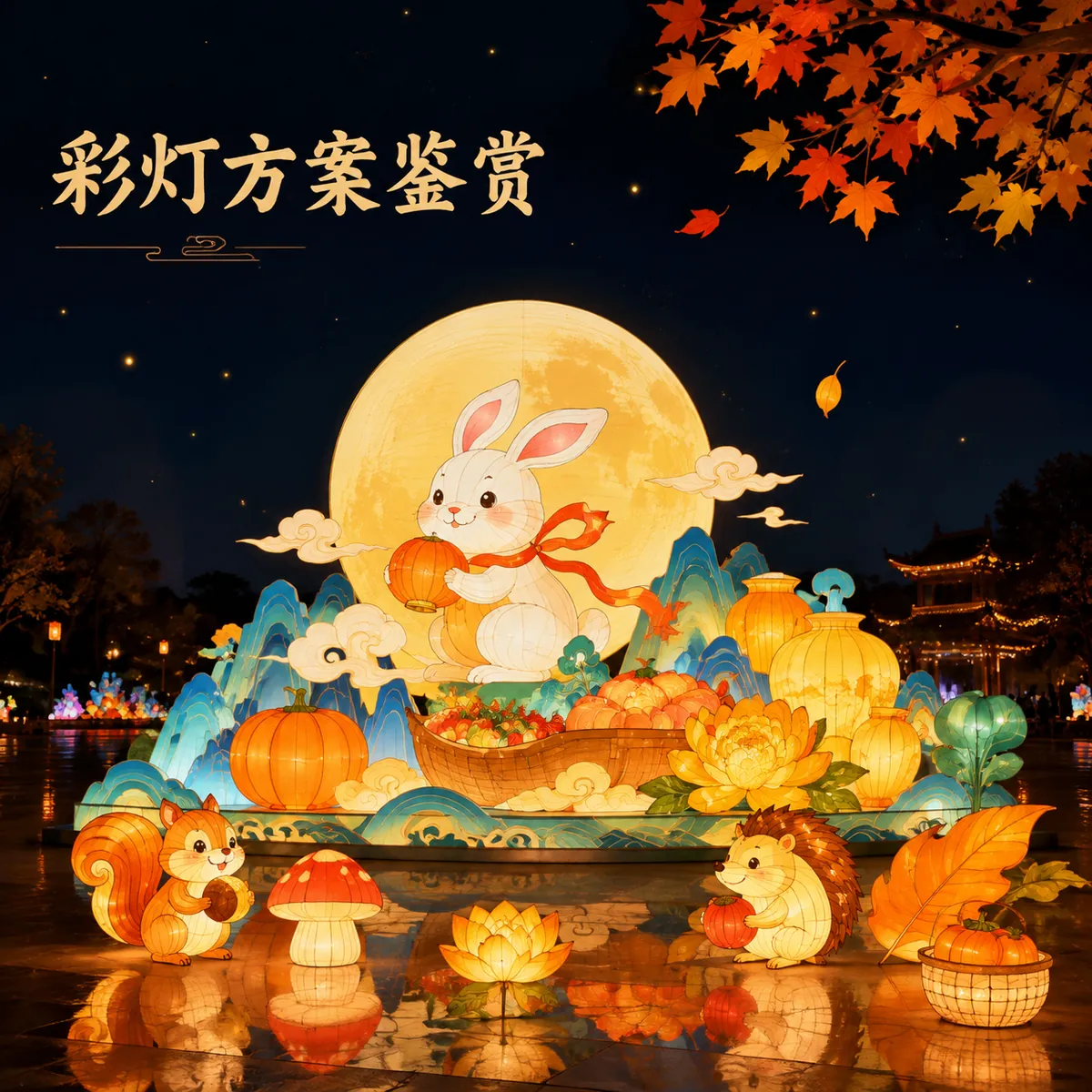 Rabbit lantern with glowing full moon, autumn harvest elements and maple leaves in a themed courtyard