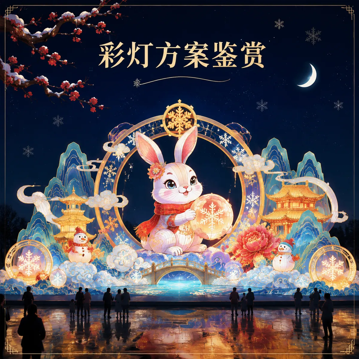 Large rabbit zodiac lantern sculpture with long ears in a winter festival scene with pagodas and snowflake motifs