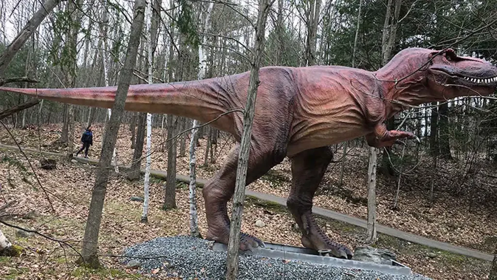 FestiveLanterns life-size red-brown T-Rex animatronic installed outdoors in a forest setting with visitors