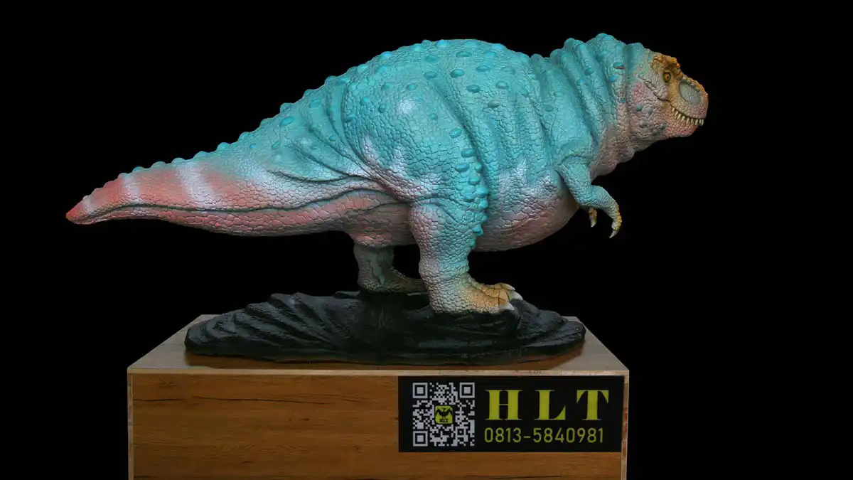 FestiveLanterns blue-green T-Rex animatronic with hand-painted silicone skin showing raised scales and detailed pigmentation