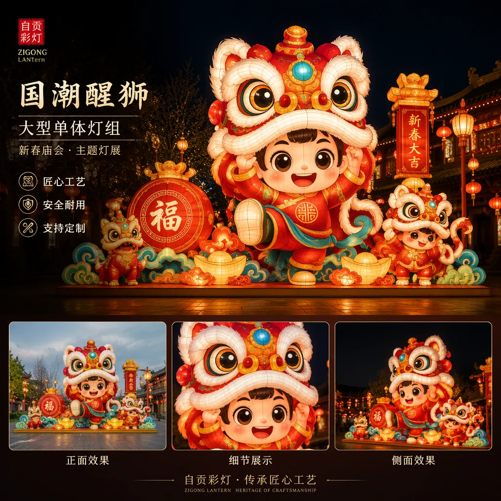 Spring Festival lion dance lantern display with traditional character figures as a companion piece to Rabbit-year installations