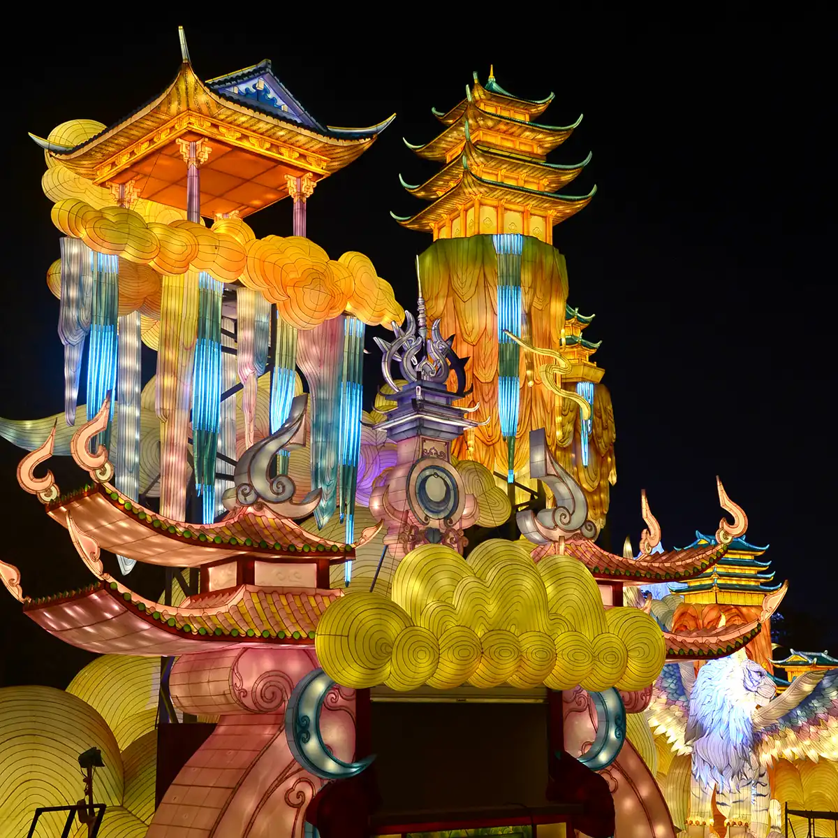 Traditional Chinese architecture lantern scene along a themed festival trail