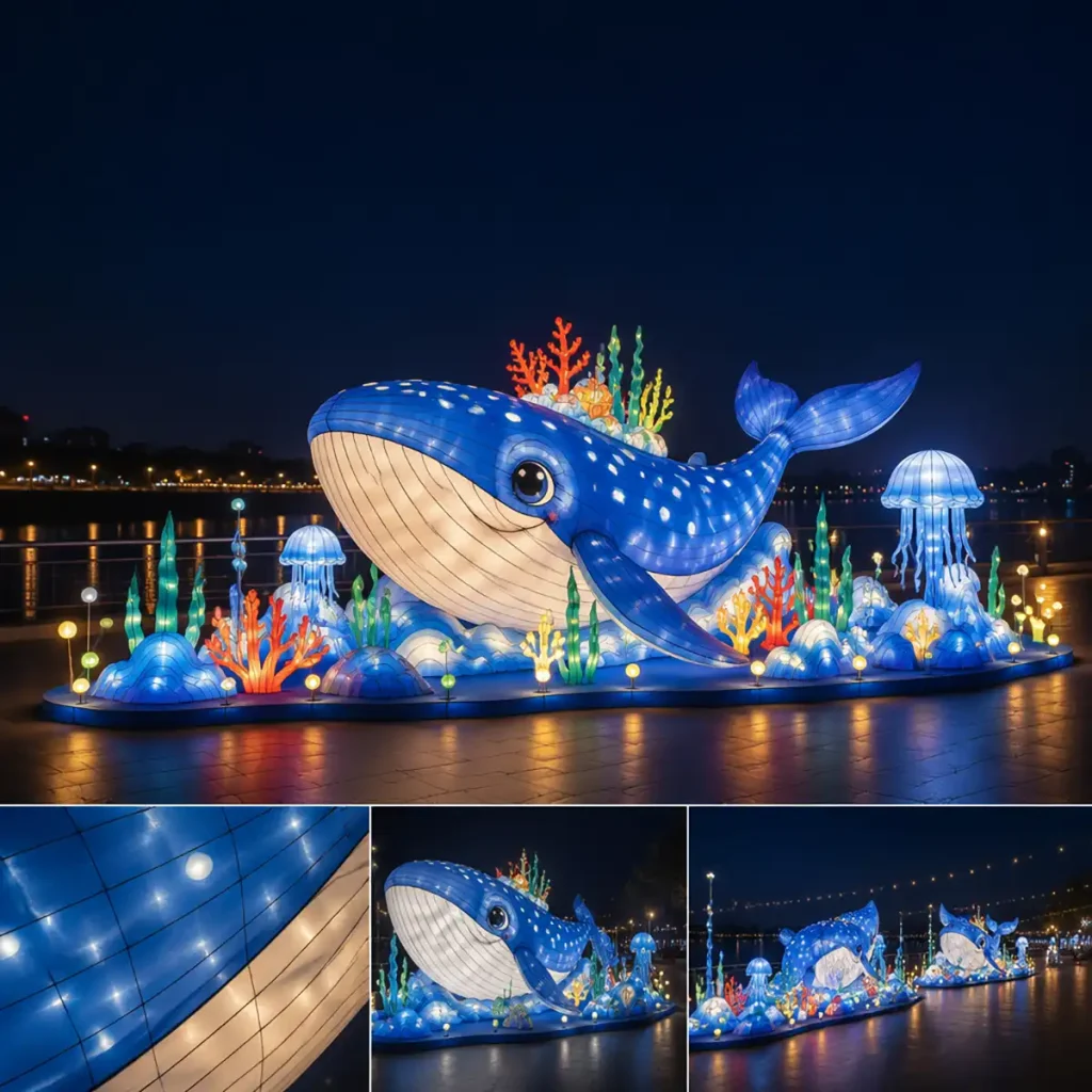 Whale Lantern Sculpture — "海洋世界 鲸鱼奇遇" themed large whale arcing through coral reef and jellyfish modules at night