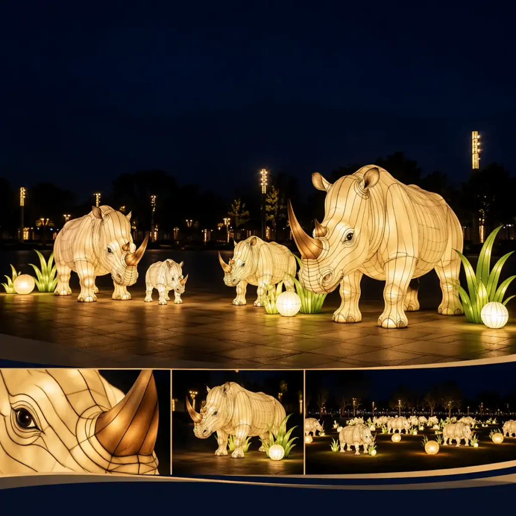 Rhino Lantern Family Sculpture — cute-style multi-figure display with two adult rhinos and a calf at night, surrounded by grass tufts and globe lanterns