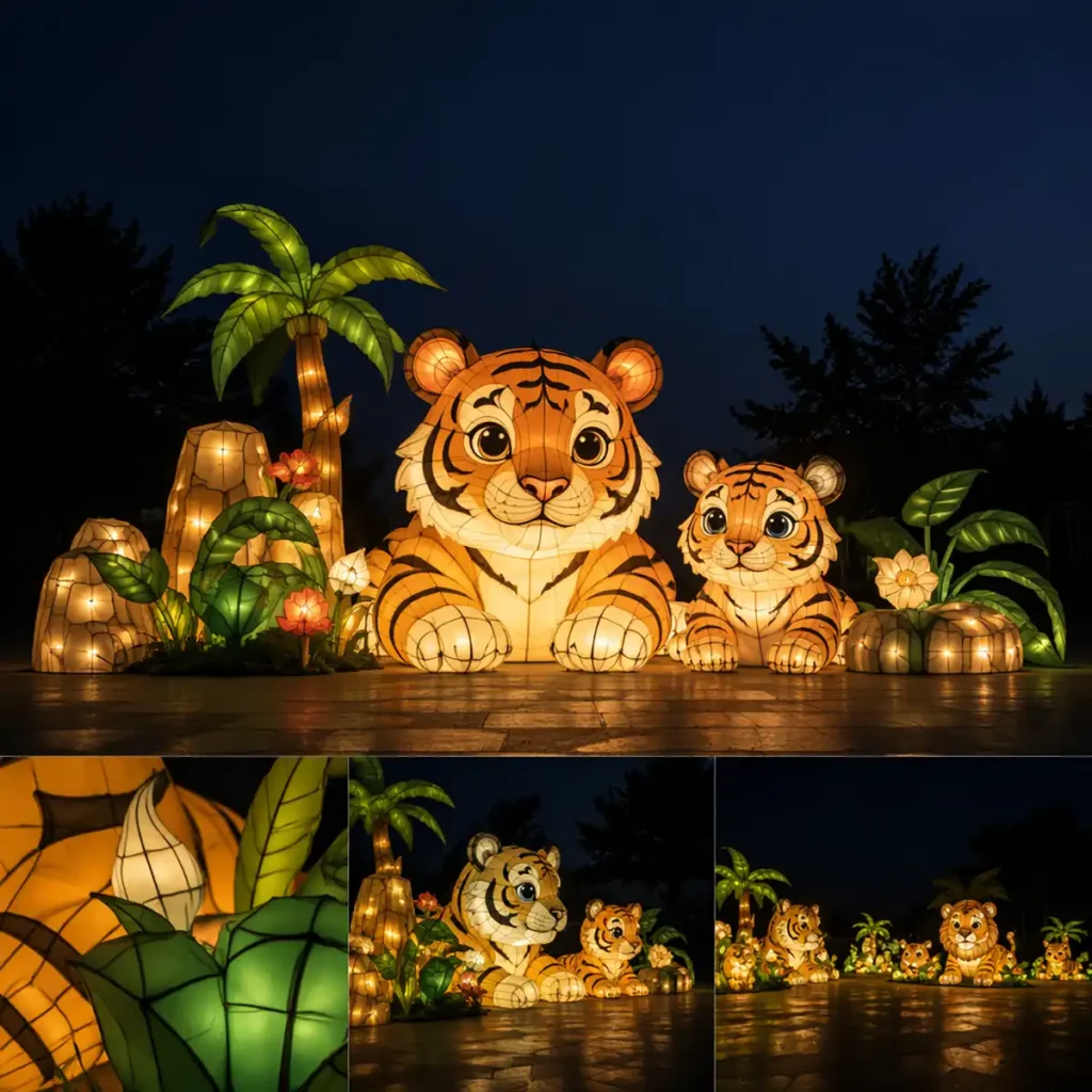Tiger Lantern Family Sculpture — cute-style adult tiger and cub with palm trees and lily flowers at night