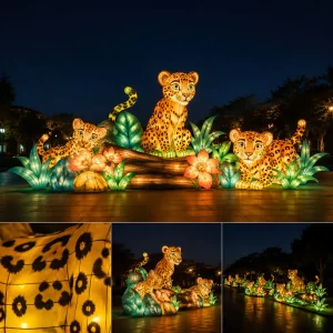 Cheetah Lantern Family Sculpture — cute-style adult cheetah and cub perched on a fallen log with lily flowers at night