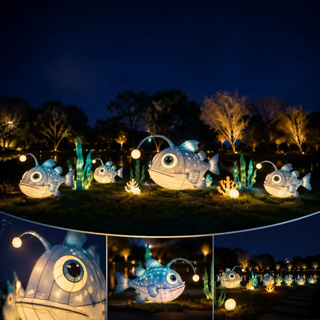 Glowing Lantern Fish School — open-field installation of deep-sea fish with bioluminescent antenna bulbs floating across grass and water at night