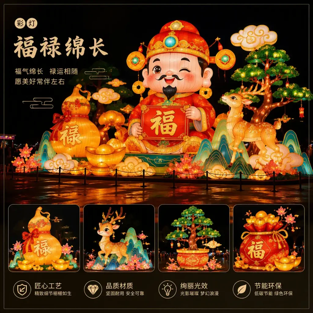 Chinese New Year Fortune Lantern — God of Wealth (财神) holding 福 tablet with gourd, deer, and money tree in a "福禄绵长" blessing scene