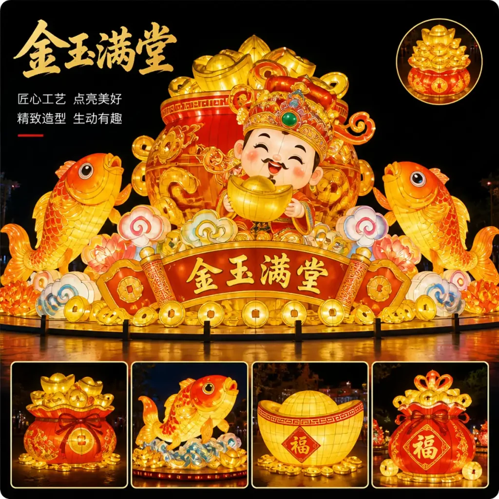 Chinese New Year Prosperity Lantern — two koi fish with 福 fortune bag and gold ingots in a "金玉满堂" abundance blessing scene