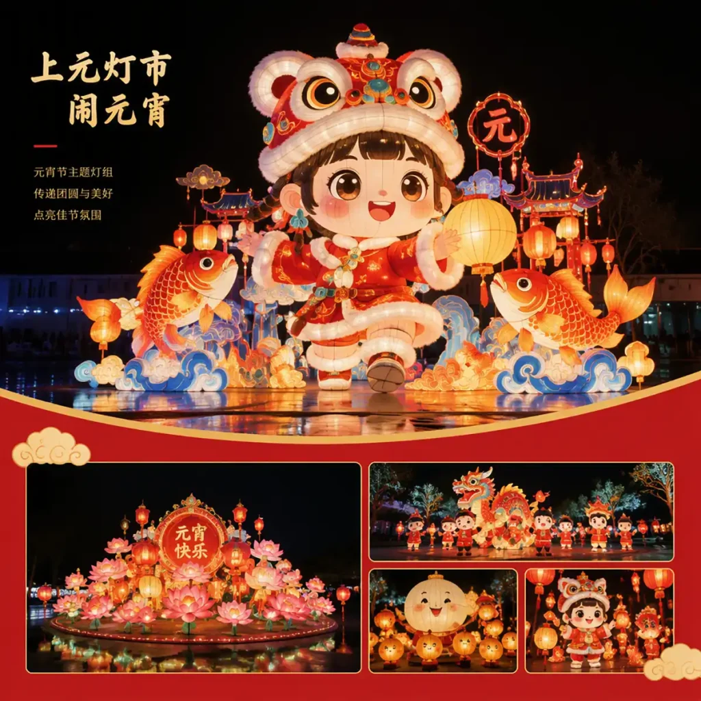Lantern Festival Yuan Xiao Lantern — child in tiger hat surrounded by lotus flowers, koi fish, dragon procession, and small glowing lanterns in a "上元灯市闹元宵" spring festival scene