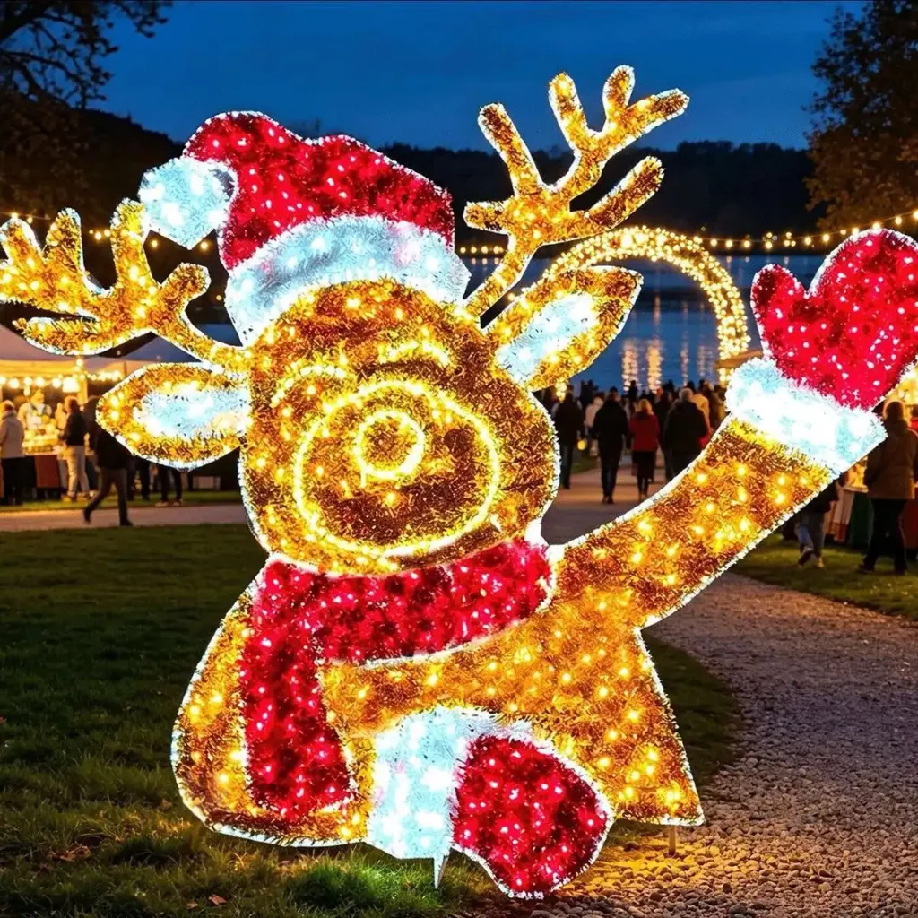 Golden standing reindeer light sculpture in classic holiday posture, illuminated at night