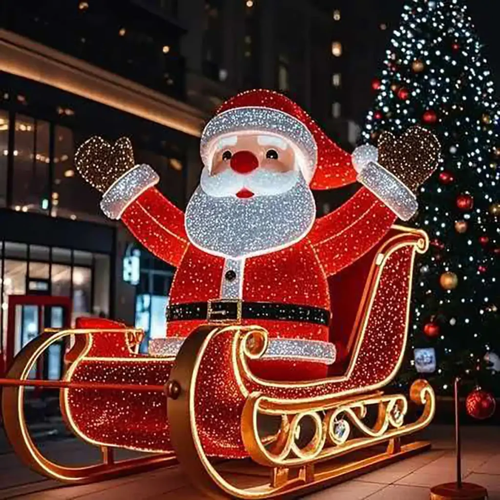 Santa sleigh Christmas light sculpture with reindeer team in holiday delivery scene