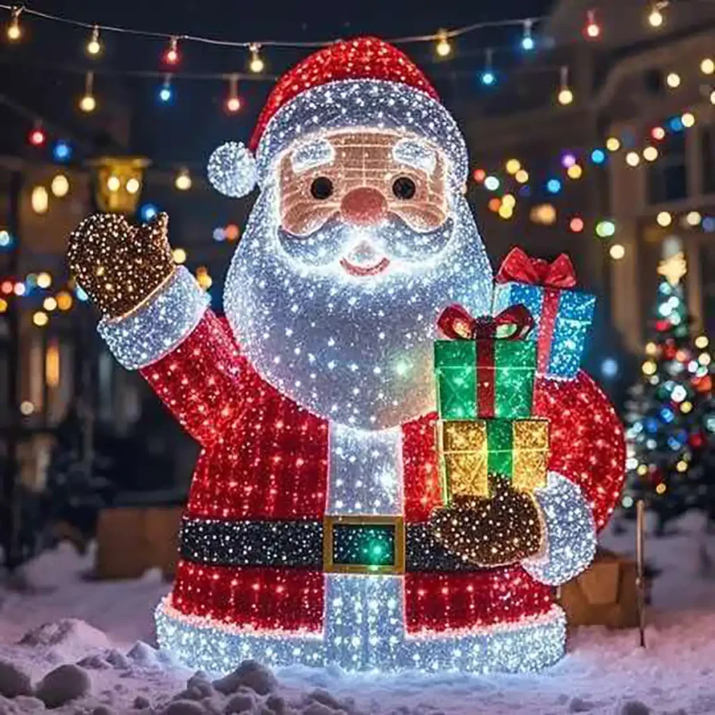 Cheerful Santa Claus light sculpture holding oversized gift bag, illuminated holiday figure