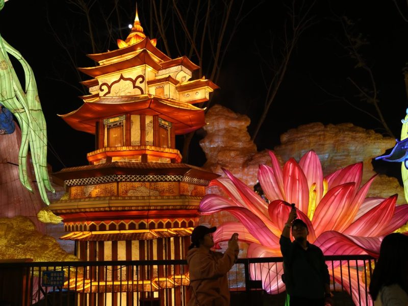 Chinese Pagoda Lantern — Multi-Tier Festival Tower with Lotus Scene