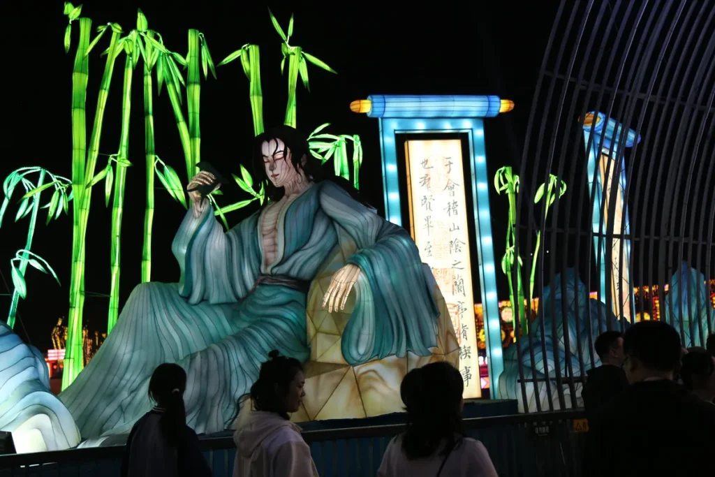 Chinese poet lantern scene with scholar figure, illuminated calligraphy scroll and bamboo grove