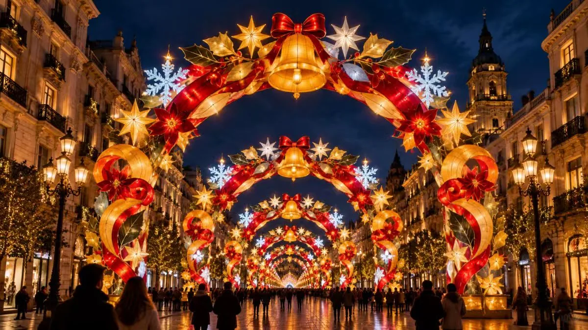 Warm stall aisle lighting along a Christmas market walkway