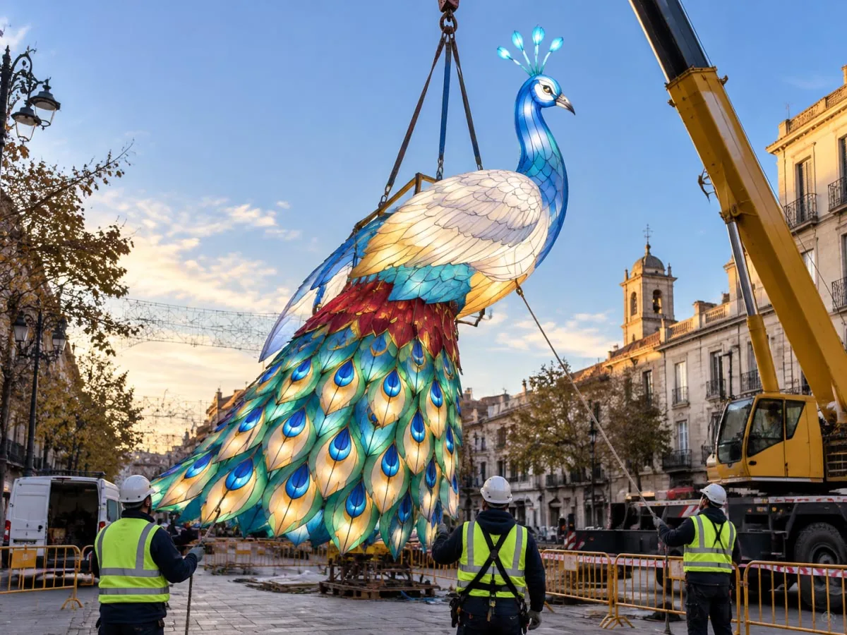 Large illuminated light sculpture being installed in a European city square
