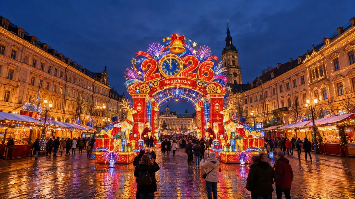 Illuminated archway and market stalls during the German winter season