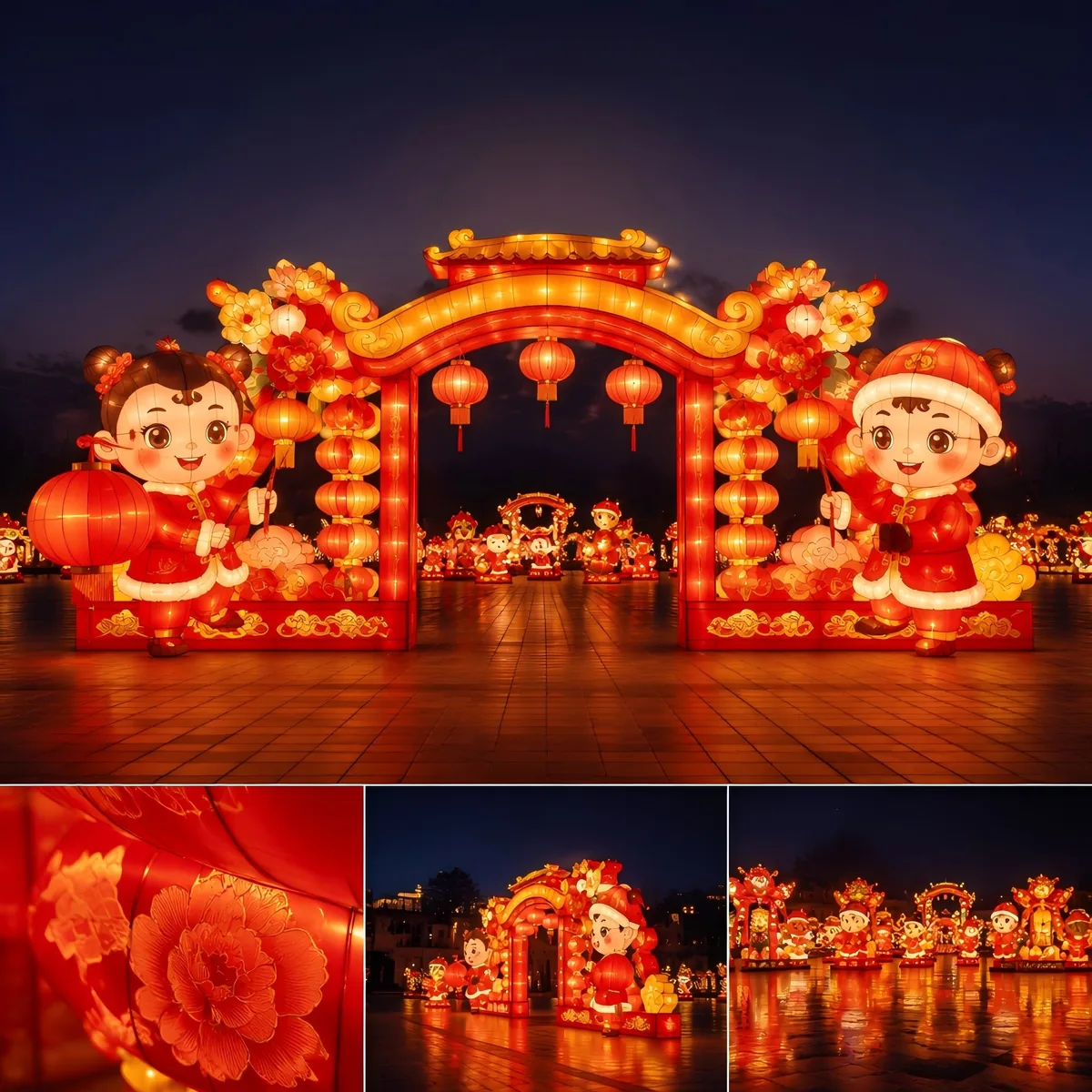 Chinese New Year lantern gate concept with festive figures and hanging lanterns for a festival route entrance