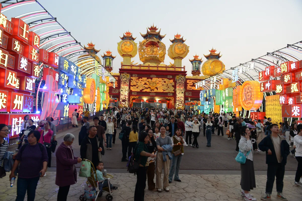 Chinese New Year lantern display route with lantern corridor and large lantern archway at a lantern festival
