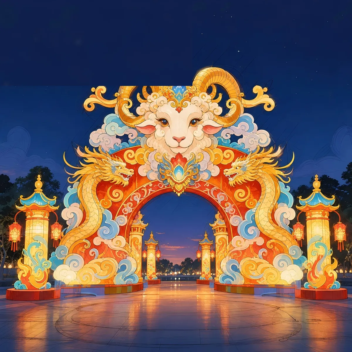 Year of the Goat Chinese New Year lantern archway concept with ram head, golden dragons and lotus lantern pillars