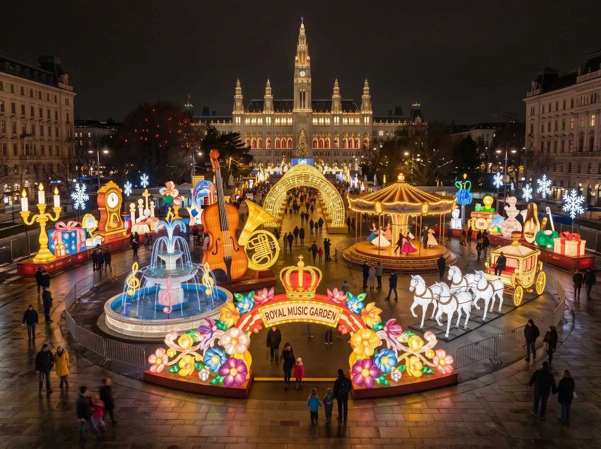 Music-themed lanterns arranged around a fountain in a civic square at night