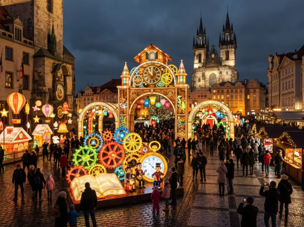 Clock lantern arch with astronomical clock faces, illuminated cogwheels and an open book forming a market entrance in an old-town square