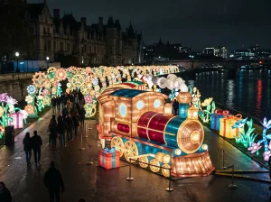 Train lantern promenade with an illuminated steam locomotive under gear wreath arches along a riverside walk at night