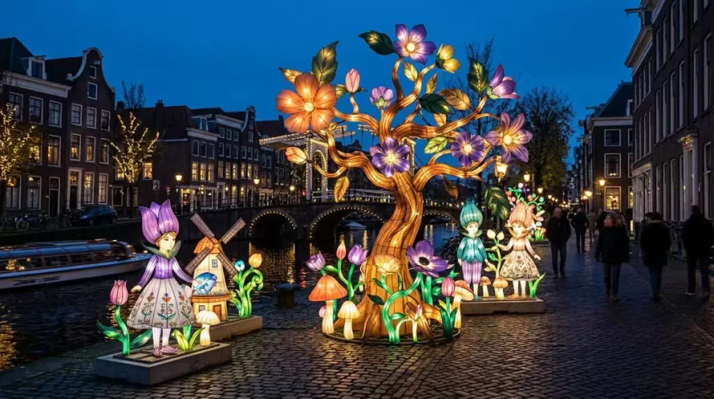 Amsterdam canal lantern scene with a glowing flower tree, elf figures and windmill lanterns along a city quay at dusk