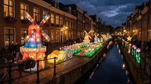 Windmill lantern on a Dutch canal promenade with an illuminated tulip bed, cheese wheel and bicycle along the waterway